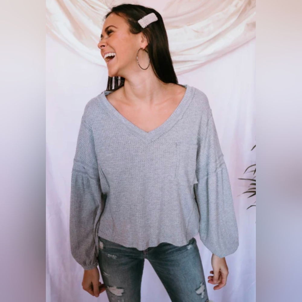Altar'd State Women's V Neck Sweater Balloon Sleeves Gray Size M Pullover